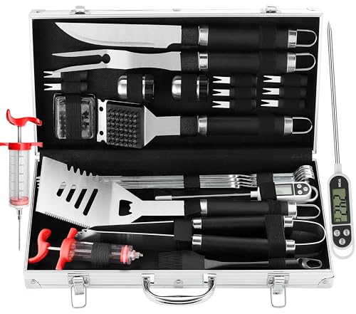 Grilljoy 24PCS BBQ Grill Tools Set with Meat Thermometer and Injector Extra Thick Stainless Steel Fork Spatula Tongs Complete BBQ Accessories in Aluminum Case Perfect Grill Gifts for Men - Image 1