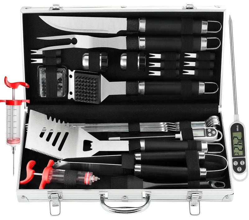 Grilljoy 24PCS BBQ Grill Tools Set with Meat Thermometer and Injector Extra Thick Stainless Steel Fork Spatula Tongs Complete BBQ Accessories in Aluminum Case Perfect Grill Gifts for Men - Image 2
