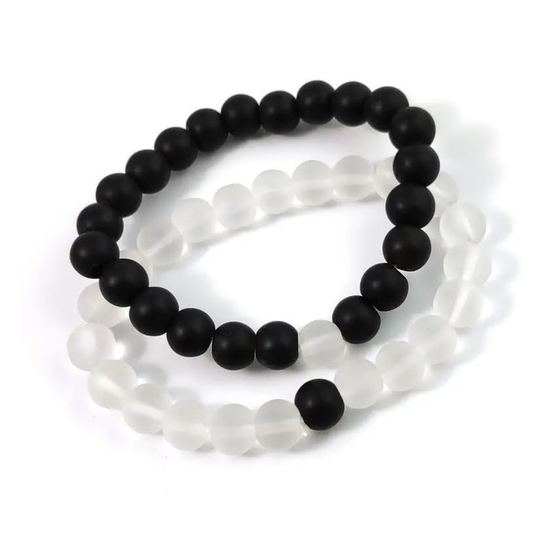 MEENAZ Bracelet for Women Men boys Fashion White Black Beads Bracelets Couple Bracelets Strechable Adjustable Jewellery Birthday Gift Anniversary Wife Husband Stone Couples Combo Best Friend black 362 - Image 1