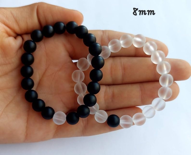MEENAZ Bracelet for Women Men boys Fashion White Black Beads Bracelets Couple Bracelets Strechable Adjustable Jewellery Birthday Gift Anniversary Wife Husband Stone Couples Combo Best Friend black 362 - Image 5