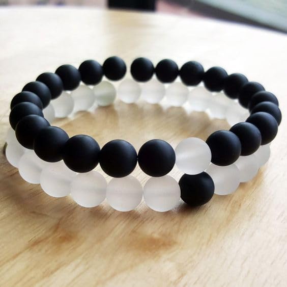 MEENAZ Bracelet for Women Men boys Fashion White Black Beads Bracelets Couple Bracelets Strechable Adjustable Jewellery Birthday Gift Anniversary Wife Husband Stone Couples Combo Best Friend black 362 - Image 2