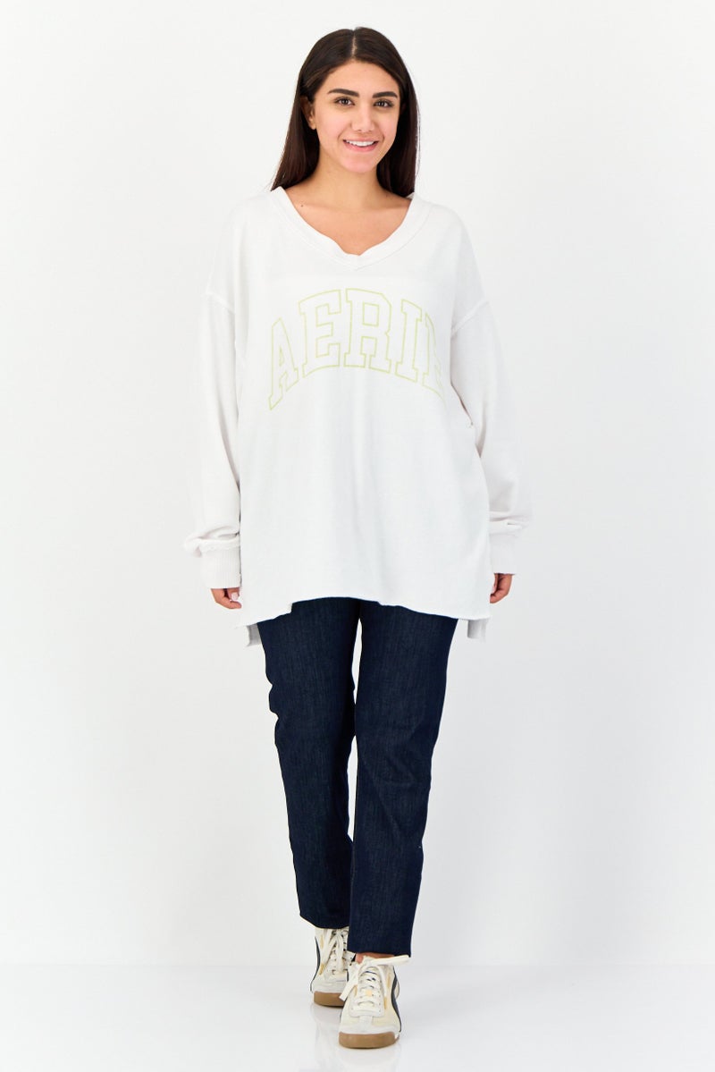 Aerie Women V-Neck Long Sleeve Brand Logo Sweatshirt, White - Image 3