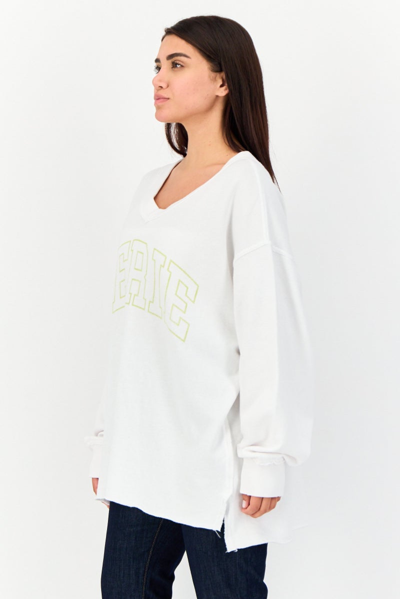 Aerie Women V-Neck Long Sleeve Brand Logo Sweatshirt, White - Image 4