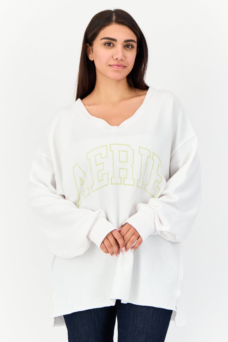 Aerie Women V-Neck Long Sleeve Brand Logo Sweatshirt, White - Image 1