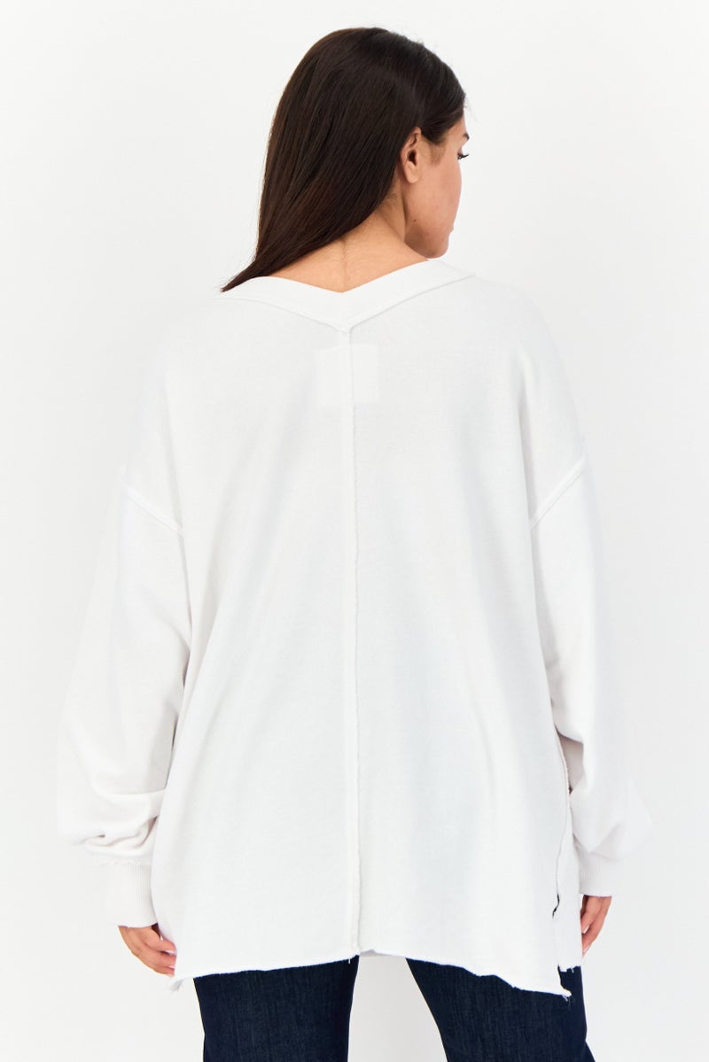 Aerie Women V-Neck Long Sleeve Brand Logo Sweatshirt, White - Image 2