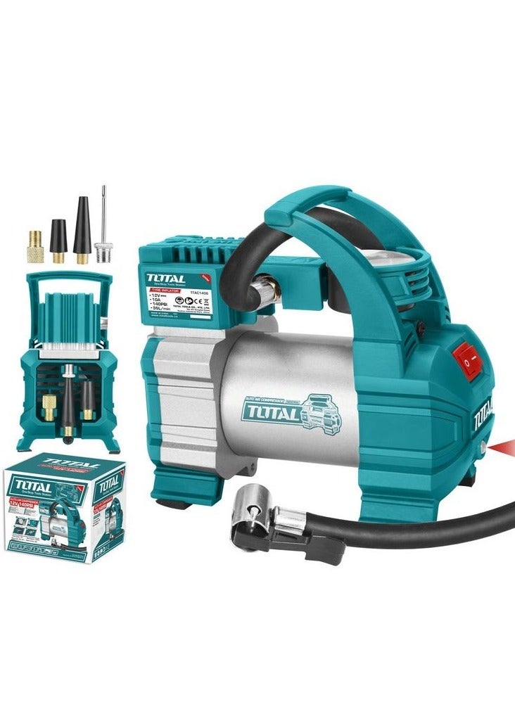 TOTAL TTAC1406 Auto Air Compressor 12V 10A, 140 PSI Portable Tyre Inflator with LED Light, 35L/min Air Flow, 3m Power Cord, 4 Nozzle Adapters for Car, Bike & Vehicle Tyres - Image 2