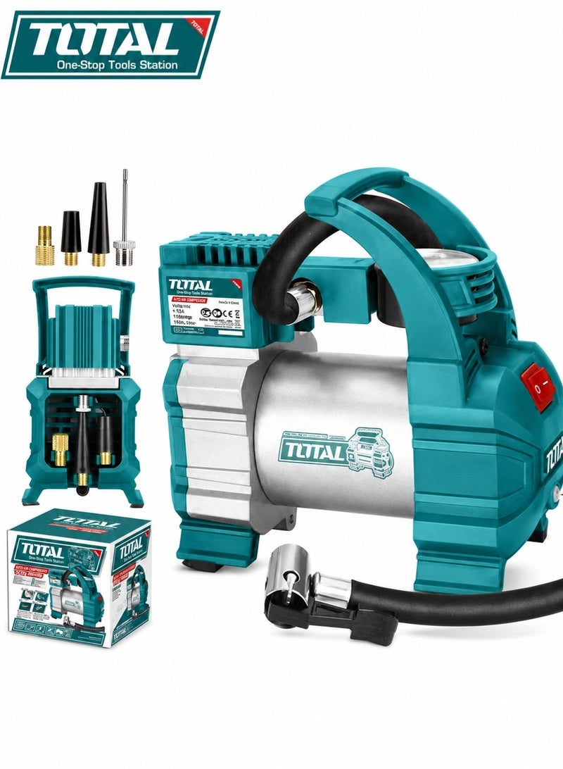 TOTAL TTAC1406 Auto Air Compressor 12V 10A, 140 PSI Portable Tyre Inflator with LED Light, 35L/min Air Flow, 3m Power Cord, 4 Nozzle Adapters for Car, Bike & Vehicle Tyres - Image 1