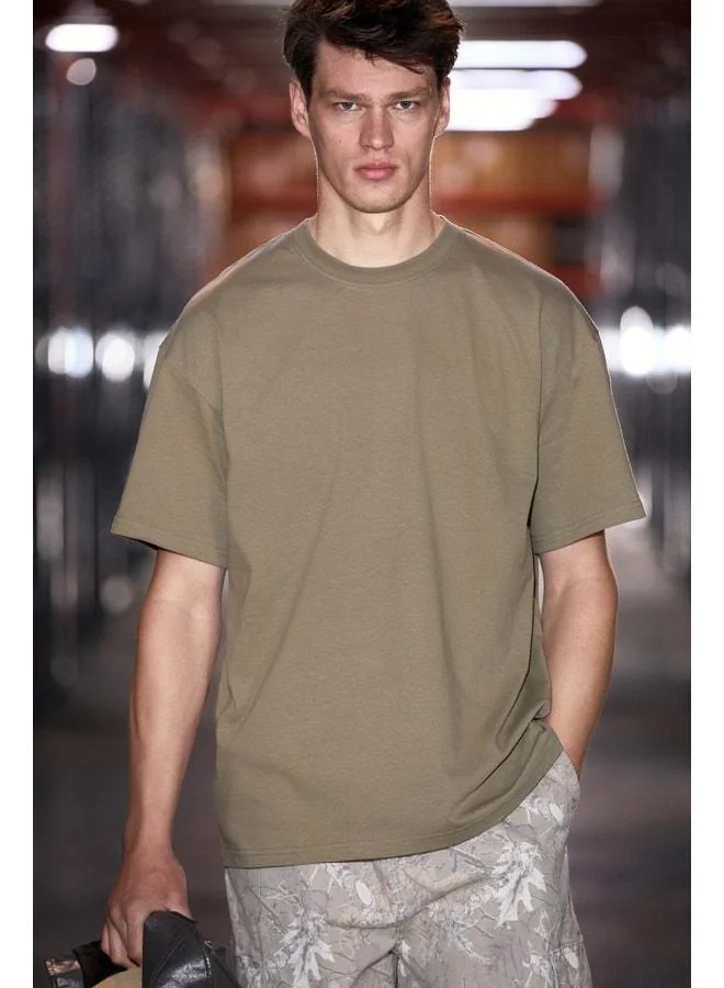 Grimelange Solo Men's 100% Organic Cotton Thick Textured Comfort Fit Crew Neck Khaki T-shirt.