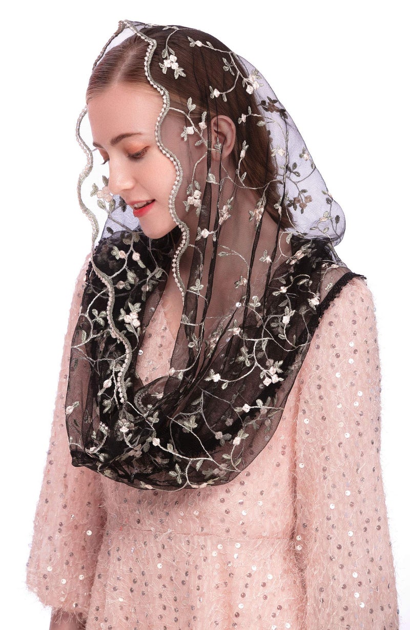 PAMOR Chapel Veils Mantilla Infinity Veil Latin Mass Little Flower Soft Embroidered Lace Head Covering Scarf (Black) - Image 1