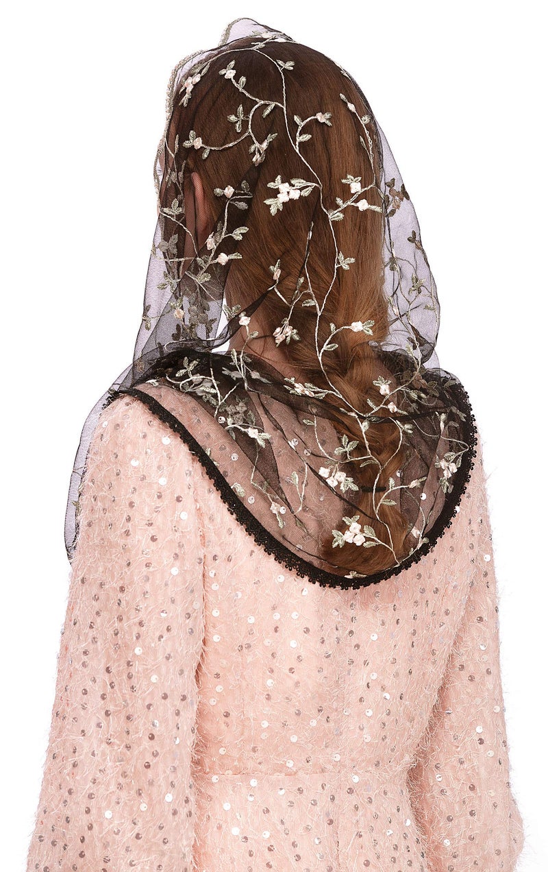 PAMOR Chapel Veils Mantilla Infinity Veil Latin Mass Little Flower Soft Embroidered Lace Head Covering Scarf (Black) - Image 5