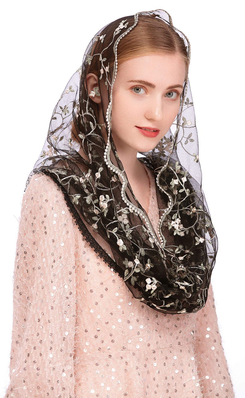 PAMOR Chapel Veils Mantilla Infinity Veil Latin Mass Little Flower Soft Embroidered Lace Head Covering Scarf (Black) - Image 3