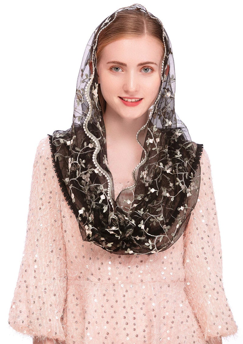 PAMOR Chapel Veils Mantilla Infinity Veil Latin Mass Little Flower Soft Embroidered Lace Head Covering Scarf (Black) - Image 2