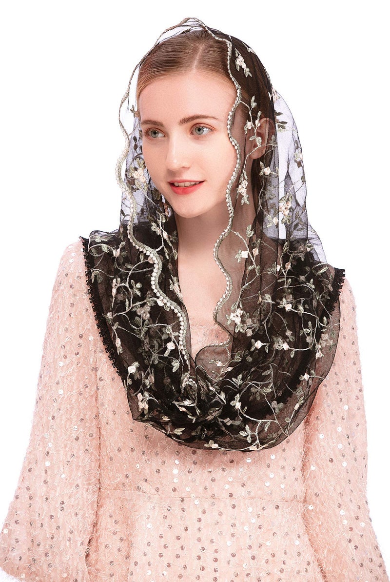 PAMOR Chapel Veils Mantilla Infinity Veil Latin Mass Little Flower Soft Embroidered Lace Head Covering Scarf (Black) - Image 4