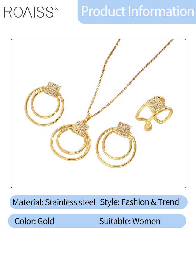 رويس مجموعة مجوهرات ذهبية من الفولاذ المقاوم للصدأ مكونة من 4 قطع، قلادة دائرية مزدوجة الطبقات، أقراط، خاتم مفتوح قابل للتعديل، تصميم هندسي أنيق، إكسسوارات أزياء للحفلات والمآدب وحفلات الزفاف والارتداء اليومي - Image 2