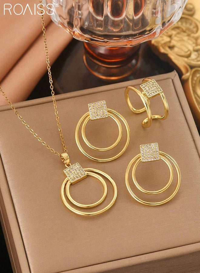 رويس مجموعة مجوهرات ذهبية من الفولاذ المقاوم للصدأ مكونة من 4 قطع، قلادة دائرية مزدوجة الطبقات، أقراط، خاتم مفتوح قابل للتعديل، تصميم هندسي أنيق، إكسسوارات أزياء للحفلات والمآدب وحفلات الزفاف والارتداء اليومي - Image 4