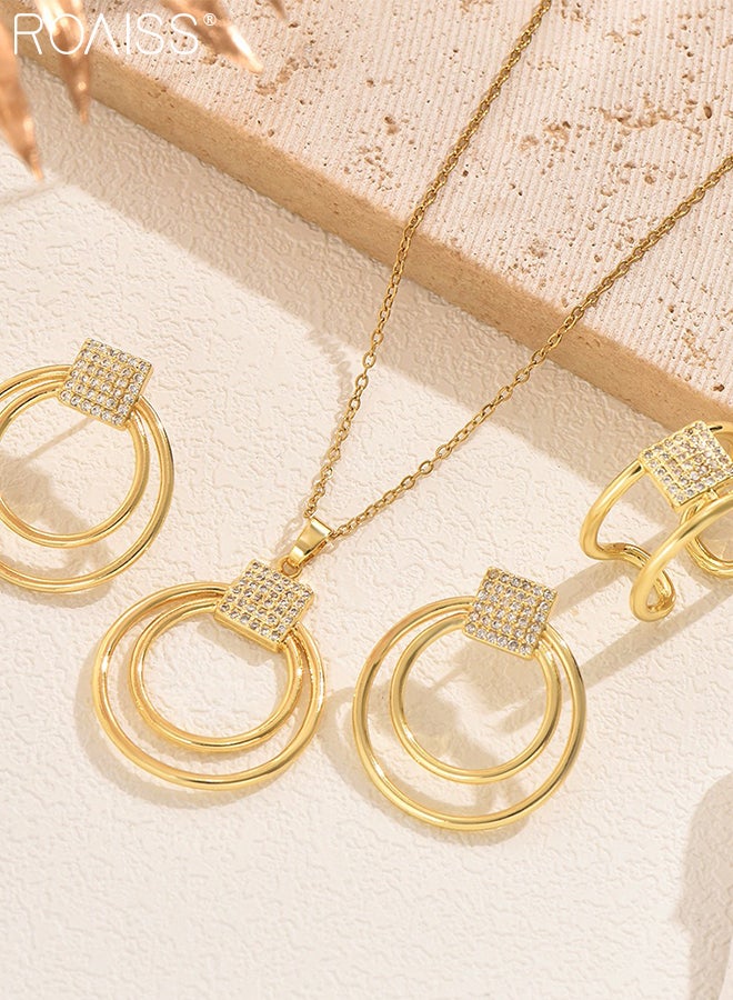 رويس مجموعة مجوهرات ذهبية من الفولاذ المقاوم للصدأ مكونة من 4 قطع، قلادة دائرية مزدوجة الطبقات، أقراط، خاتم مفتوح قابل للتعديل، تصميم هندسي أنيق، إكسسوارات أزياء للحفلات والمآدب وحفلات الزفاف والارتداء اليومي - Image 5