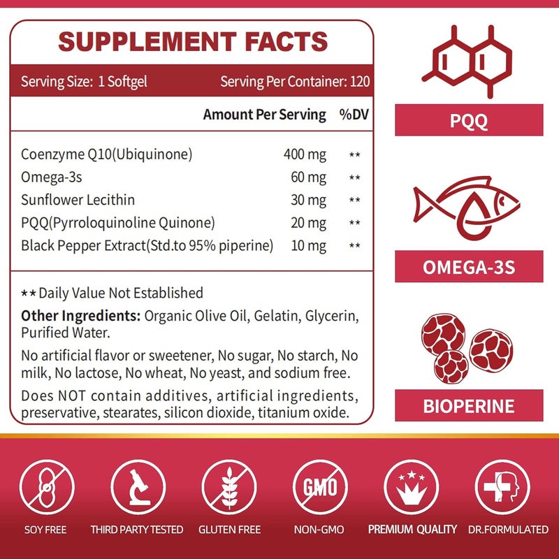 ZEBORA CoQ10-300mg Softgels with PQQ, BioPerine & Omega-3 - High-Absorption Antioxidant Supplement for Heart Health &  Energy - Image 3