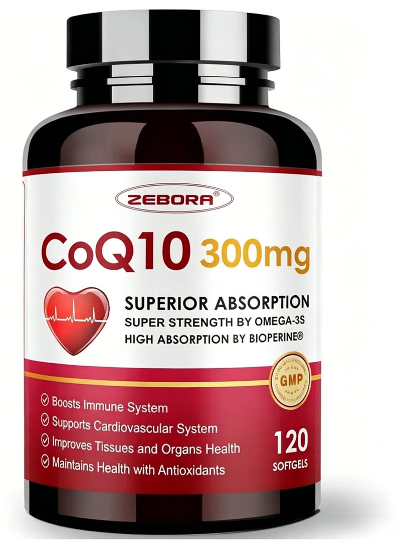 ZEBORA CoQ10-300mg Softgels with PQQ, BioPerine & Omega-3 - High-Absorption Antioxidant Supplement for Heart Health &  Energy - Image 1