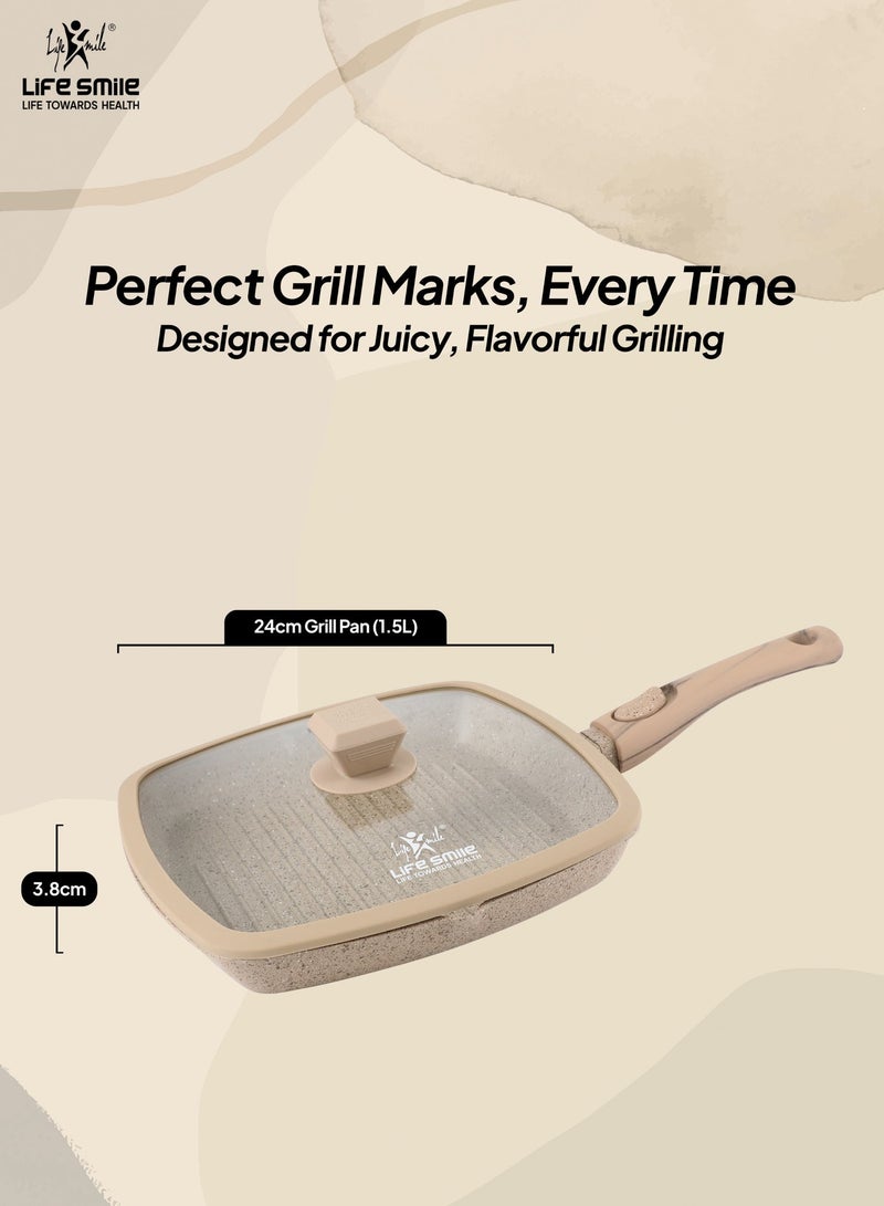 Life Smile 24cm Granite Non-Stick Square Grill Pan with Glass Lid (1.5L) | Detachable Handle | Induction Compatible | PFOA-Free | Multi-Layer Granite Coating | Beige - Image 3