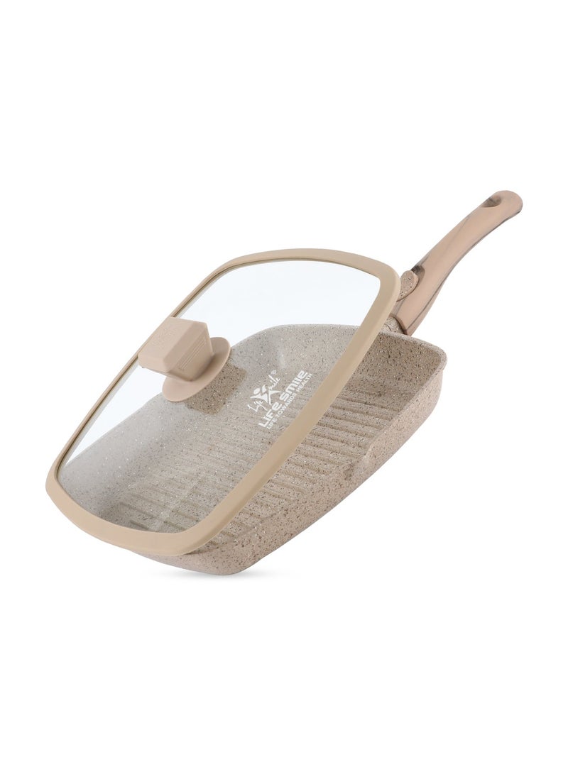 Life Smile 24cm Granite Non-Stick Square Grill Pan with Glass Lid (1.5L) | Detachable Handle | Induction Compatible | PFOA-Free | Multi-Layer Granite Coating | Beige - Image 1