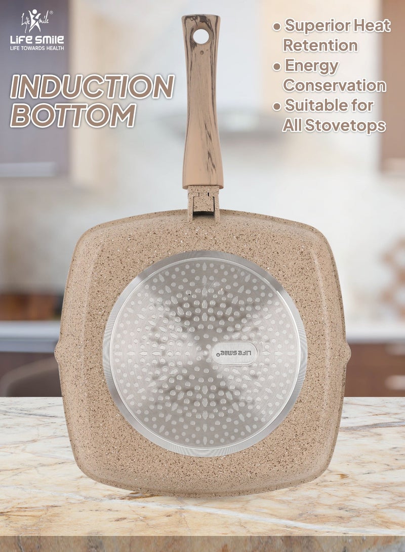 Life Smile 24cm Granite Non-Stick Square Grill Pan with Glass Lid (1.5L) | Detachable Handle | Induction Compatible | PFOA-Free | Multi-Layer Granite Coating | Beige - Image 2