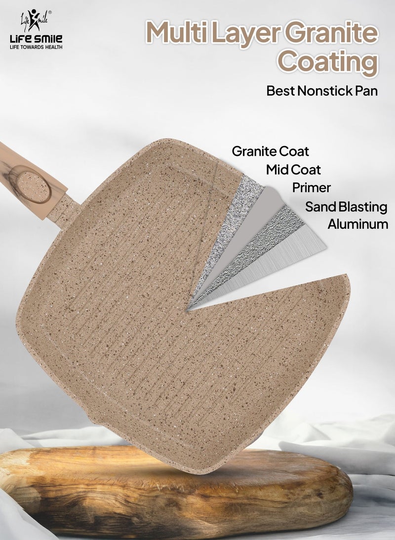 Life Smile 24cm Granite Non-Stick Square Grill Pan with Glass Lid (1.5L) | Detachable Handle | Induction Compatible | PFOA-Free | Multi-Layer Granite Coating | Beige - Image 4