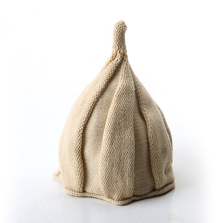 Cute Flower Knit Baby Cap with Twisted Top Beige