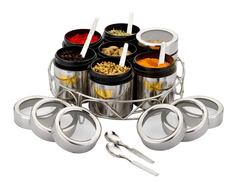 Maru Stainless Steel 7-in-1 Kitchen Storage Container Set with Round Wire Stand–175ml Multipurpose Containers with Durable See-Through Threaded Lids, Ideal for Organizing Spices, Herbs, and Dry Fruits - Image 1