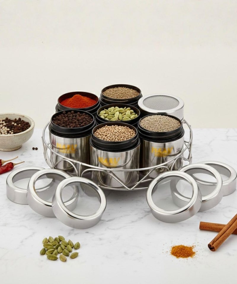 Maru Stainless Steel 7-in-1 Kitchen Storage Container Set with Round Wire Stand–175ml Multipurpose Containers with Durable See-Through Threaded Lids, Ideal for Organizing Spices, Herbs, and Dry Fruits - Image 2