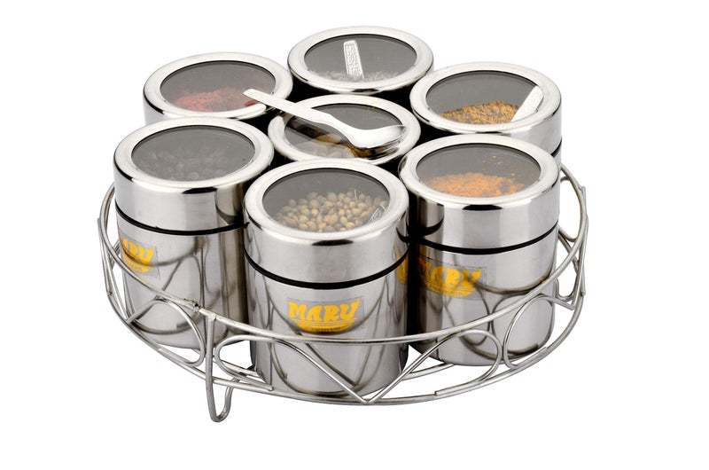 Maru Stainless Steel 7-in-1 Kitchen Storage Container Set with Round Wire Stand–175ml Multipurpose Containers with Durable See-Through Threaded Lids, Ideal for Organizing Spices, Herbs, and Dry Fruits - Image 4