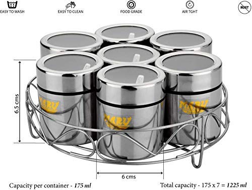 Maru Stainless Steel 7-in-1 Kitchen Storage Container Set with Round Wire Stand–175ml Multipurpose Containers with Durable See-Through Threaded Lids, Ideal for Organizing Spices, Herbs, and Dry Fruits - Image 3