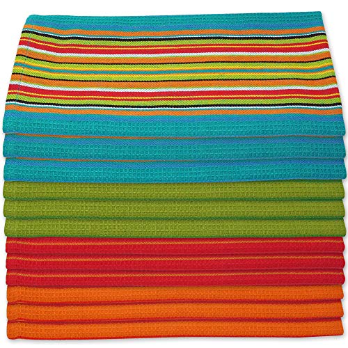 Aunti Em's Kitchen Salsa Stripe Kitchen Dish Towels | 100% Natural Absorbent Cotton Waffle Towels | Multi-Purpose Festive Red, Orange, Green, Blue (28 x 16 inches), 12-Pack - Image 1
