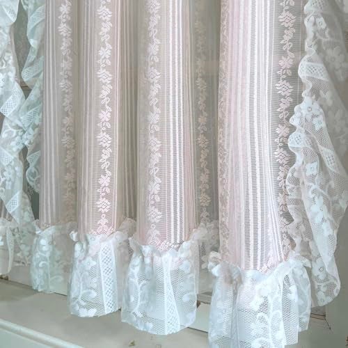 NewWPKIRA Princess Style Pink Floral Embroidery Sheer Lace Curtain with Ruffle Trim Coquette Gauze Voile Curtains for Girl's Bedroom Living Room Rod Pocket Top 2 Panels (Pink,W39 x L47 inches) - Image 3