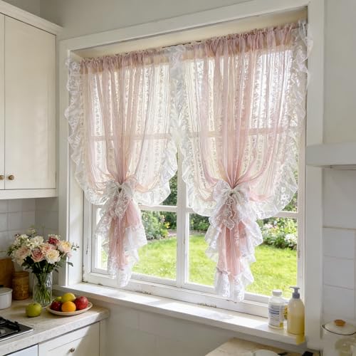 NewWPKIRA Princess Style Pink Floral Embroidery Sheer Lace Curtain with Ruffle Trim Coquette Gauze Voile Curtains for Girl's Bedroom Living Room Rod Pocket Top 2 Panels (Pink,W39 x L47 inches) - Image 5