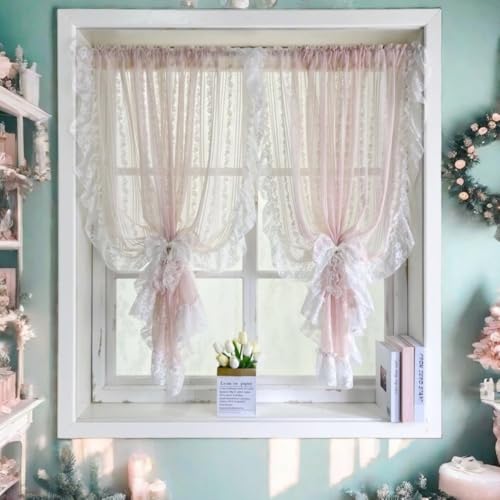 NewWPKIRA Princess Style Pink Floral Embroidery Sheer Lace Curtain with Ruffle Trim Coquette Gauze Voile Curtains for Girl's Bedroom Living Room Rod Pocket Top 2 Panels (Pink,W39 x L47 inches) - Image 1
