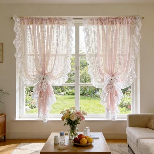 NewWPKIRA Princess Style Pink Floral Embroidery Sheer Lace Curtain with Ruffle Trim Coquette Gauze Voile Curtains for Girl's Bedroom Living Room Rod Pocket Top 2 Panels (Pink,W39 x L47 inches) - Image 4