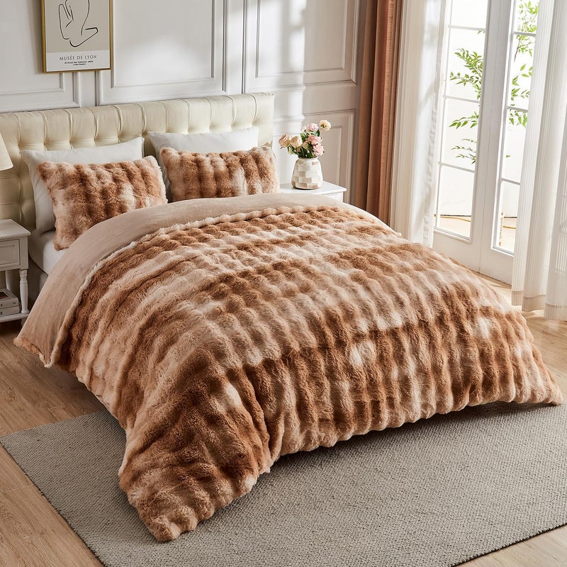 Lotus Karen Lotus Karen Fluffy Comforter Cover Set-Rabbit Fluff Faux Fur Duvet Cover King Size Tie-Dye Coffee Plush Fuzzy Furry Bedding Sets 3Pieces(1 Duvet Cover & 2 Pillow Shams) Zipper Closure  - Image 2