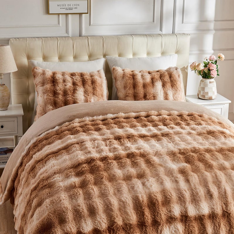 Lotus Karen Lotus Karen Fluffy Comforter Cover Set-Rabbit Fluff Faux Fur Duvet Cover King Size Tie-Dye Coffee Plush Fuzzy Furry Bedding Sets 3Pieces(1 Duvet Cover & 2 Pillow Shams) Zipper Closure  - Image 3
