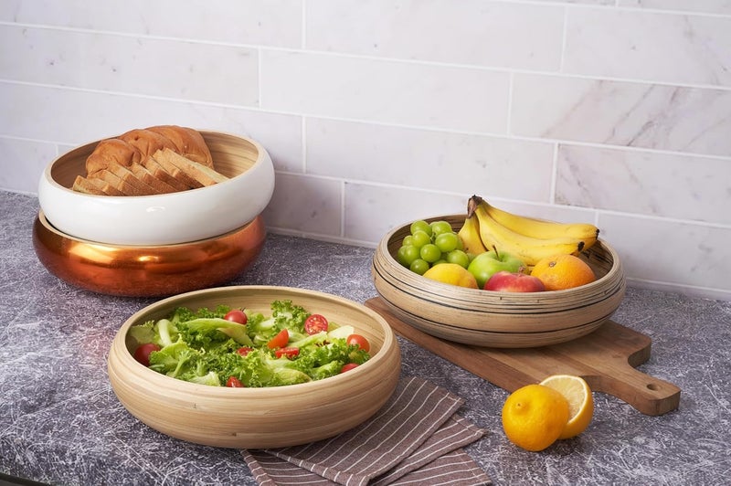LEXA 12 Handmade Copper Bamboo Wooden Fruit Bowl for Kitchen Counter  130 oz Lightweight Large Bamboo Wood Salad Bowl - Image 4