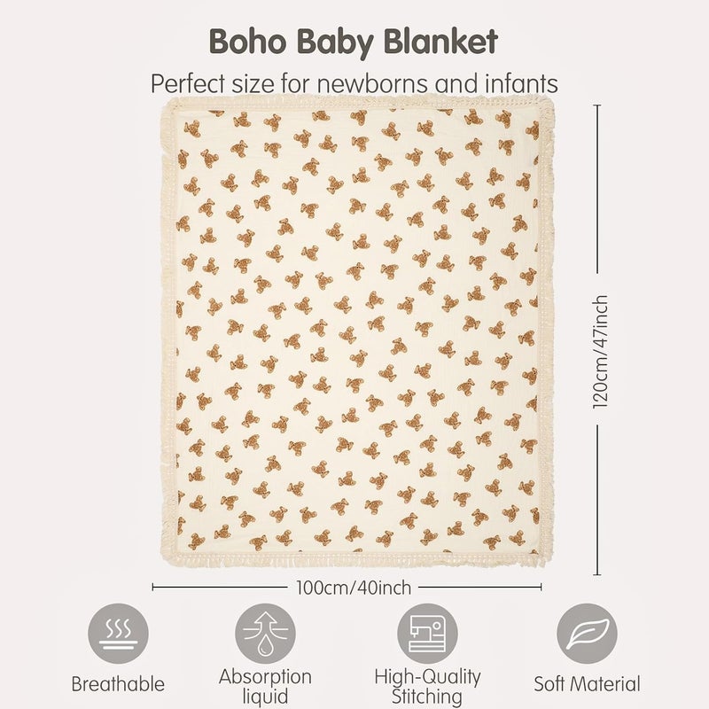 insular Cotton Muslin Baby Blanket with Tassel Boho Bohemian Muslin Swaddle Blanket Baby Receiving Blanket with Fringe Nursery Decor Throw or Nursing Blankets 47 x40 Little Bear - Image 2