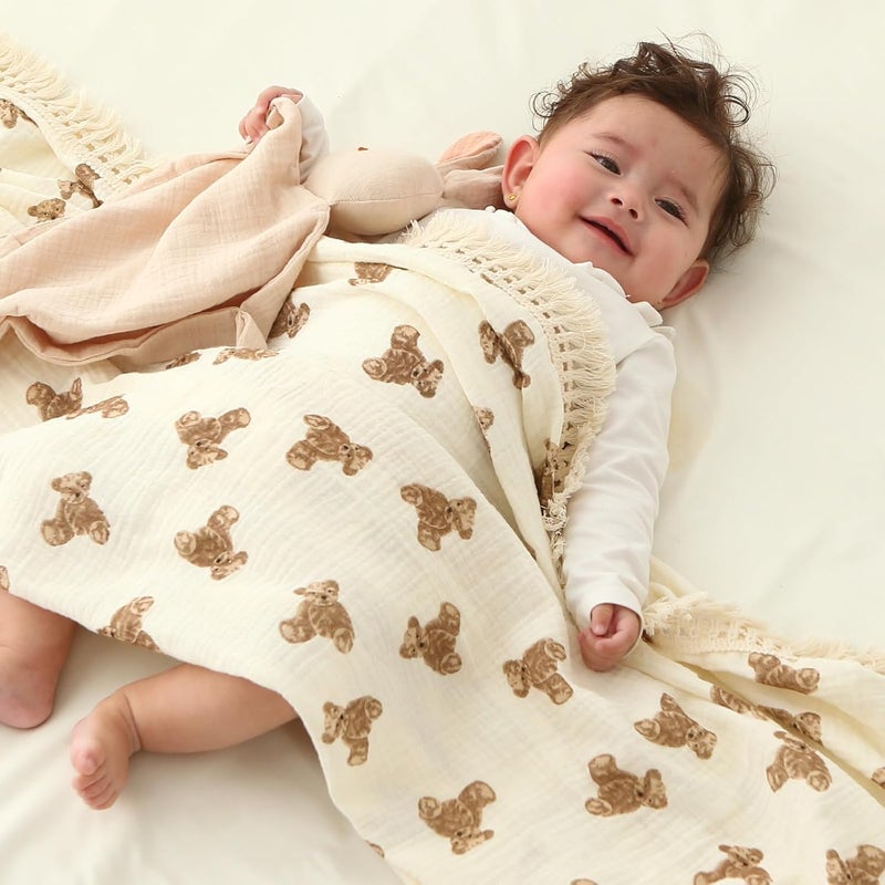 insular Cotton Muslin Baby Blanket with Tassel Boho Bohemian Muslin Swaddle Blanket Baby Receiving Blanket with Fringe Nursery Decor Throw or Nursing Blankets 47 x40 Little Bear - Image 3