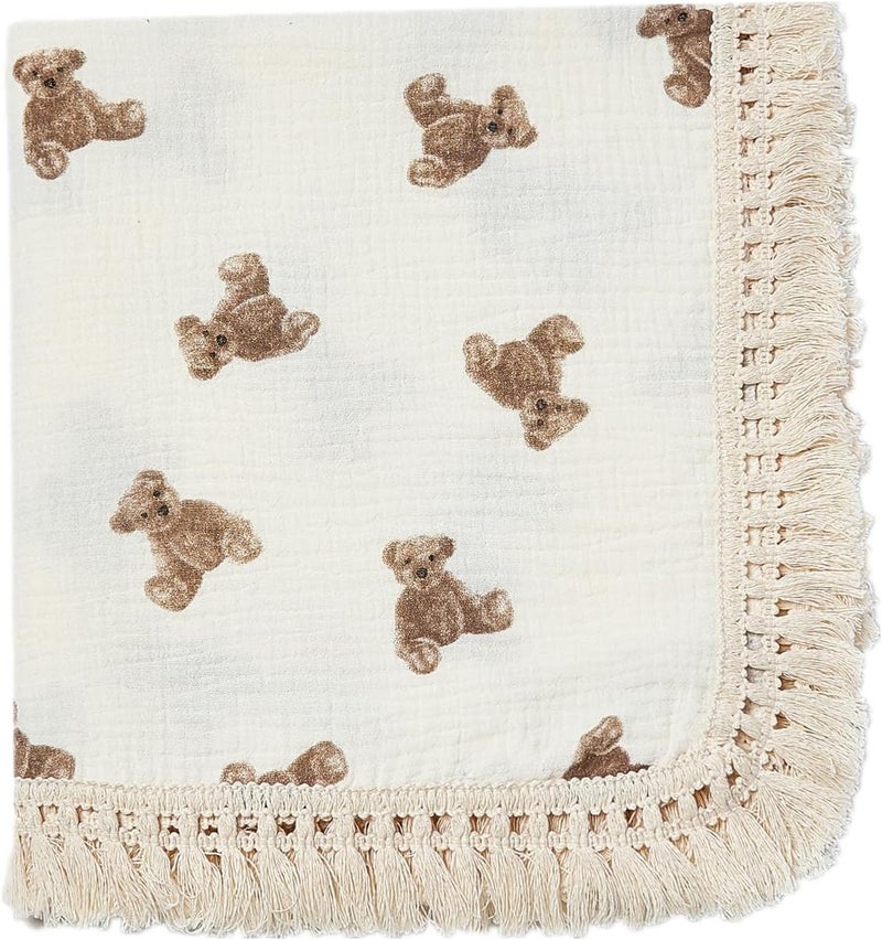 insular Cotton Muslin Baby Blanket with Tassel Boho Bohemian Muslin Swaddle Blanket Baby Receiving Blanket with Fringe Nursery Decor Throw or Nursing Blankets 47 x40 Little Bear - Image 1