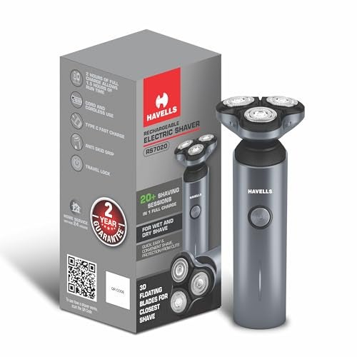 Havells RS7020 3 Head Rotary Shaver with Built in pop-up Trimmer for Wet & Dry Shave; IPX7 Waterproof; Protection from cuts (Grey) - Image 1