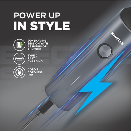 Havells RS7020 3 Head Rotary Shaver with Built in pop-up Trimmer for Wet & Dry Shave; IPX7 Waterproof; Protection from cuts (Grey) - Image 4