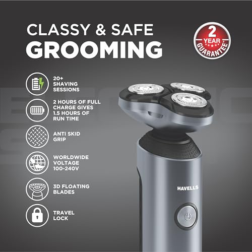Havells RS7020 3 Head Rotary Shaver with Built in pop-up Trimmer for Wet & Dry Shave; IPX7 Waterproof; Protection from cuts (Grey) - Image 3