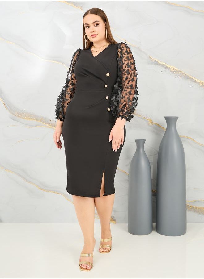 Styli - Butterfly Applique Sheer Sleeves Button Detail Bodycon Midi Dress - Image 1