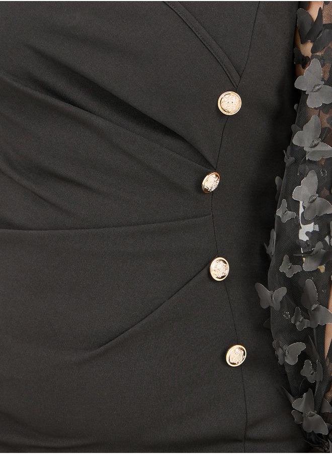 Styli - Butterfly Applique Sheer Sleeves Button Detail Bodycon Midi Dress - Image 1