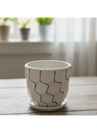 AKDC White Ceramic Pot with Artistic Black Wave Line Pattern – 9×10 cm