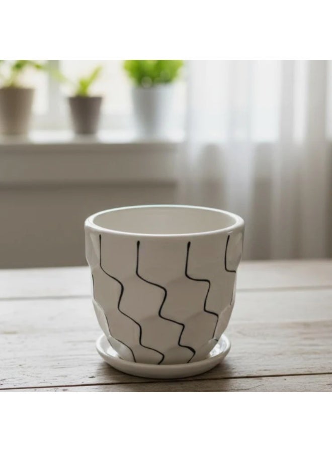AKDC White Ceramic Pot with Artistic Black Wave Line Pattern – 9×10 cm - Image 1