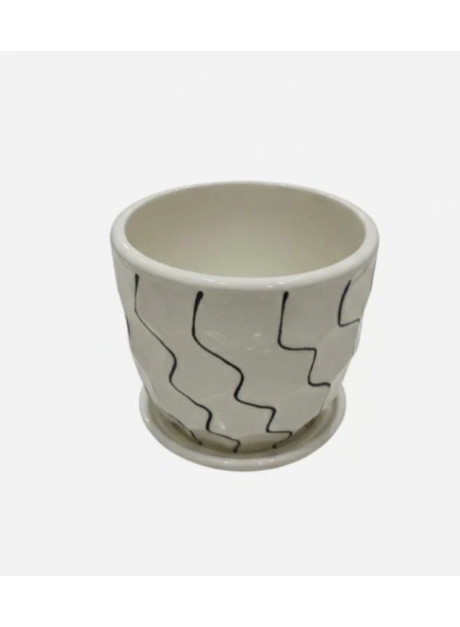 AKDC White Ceramic Pot with Artistic Black Wave Line Pattern – 9×10 cm - Image 2